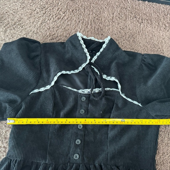 2 FOR $25 SHEIN Mod Corduroy Black Mini Dress Fit Flare Tie Neck Puff Sleeve M - Picture 8 of 9